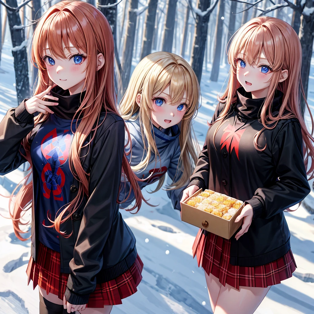 red blonde、blue eyess、three good looking girls、独奏、animesque、Plaid miniskirt、Black T-shirt、coat、the woods、Sunlight、Looks cold、Snow is piled up、kicking snow、Wearing a muffler、Gah、Rime、Frolicking