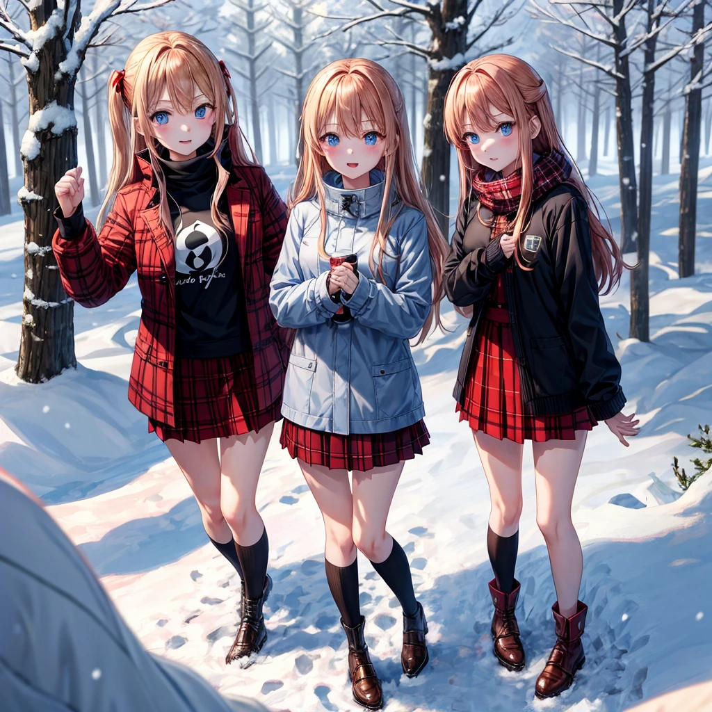red blonde、blue eyess、three good looking girls、独奏、animesque、Plaid miniskirt、Black T-shirt、coat、the woods、Sunlight、Looks cold、Snow is piled up、kicking snow、Wearing a muffler、Gah、Rime、Frolicking