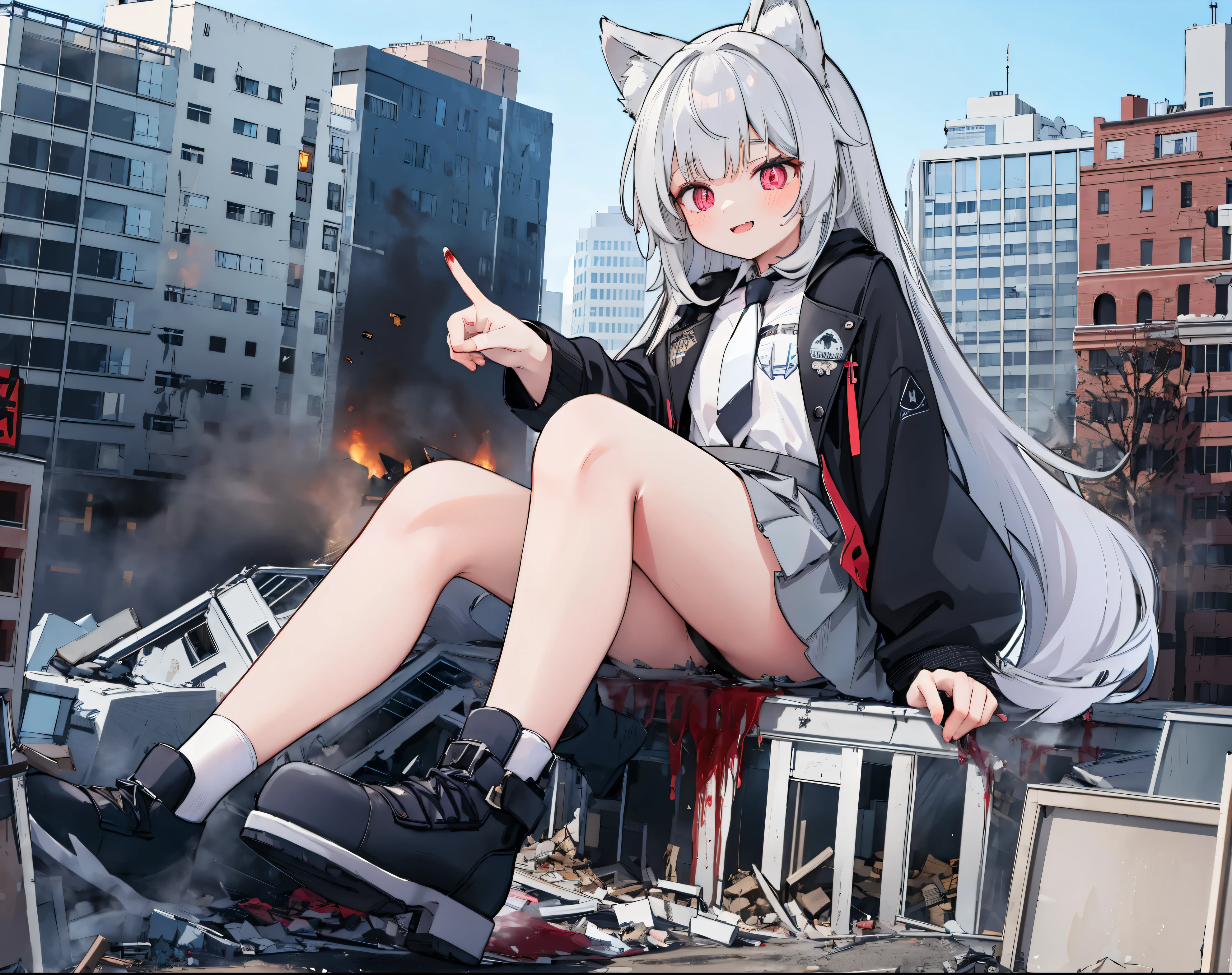 1girll, 16 yaers old, full bodyesbian, Bigger than the building,No shoelack stockinglack jacket with white shirt ,Blue tie,Dark gray hair,Wolf ears,Light red eyes,A cold expression, Destroyed buildings, Sit on a destroyed building,The one who was trampled to death,blood on ground,GTSCity, As a giantess, Bright pupils, Smile, Naughty face, 16k, High quality, High details, Anatomically correct, Textured skin,The feet emit steam,