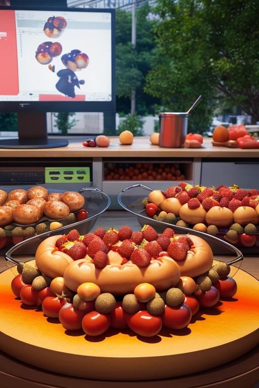 a computer screen with a bunch of hot dogs on it, a screenshot, by Tadashi Nakayama, computer art, classic 3 d model of molecule, slam dancing creatures, peach, berries inside structure
