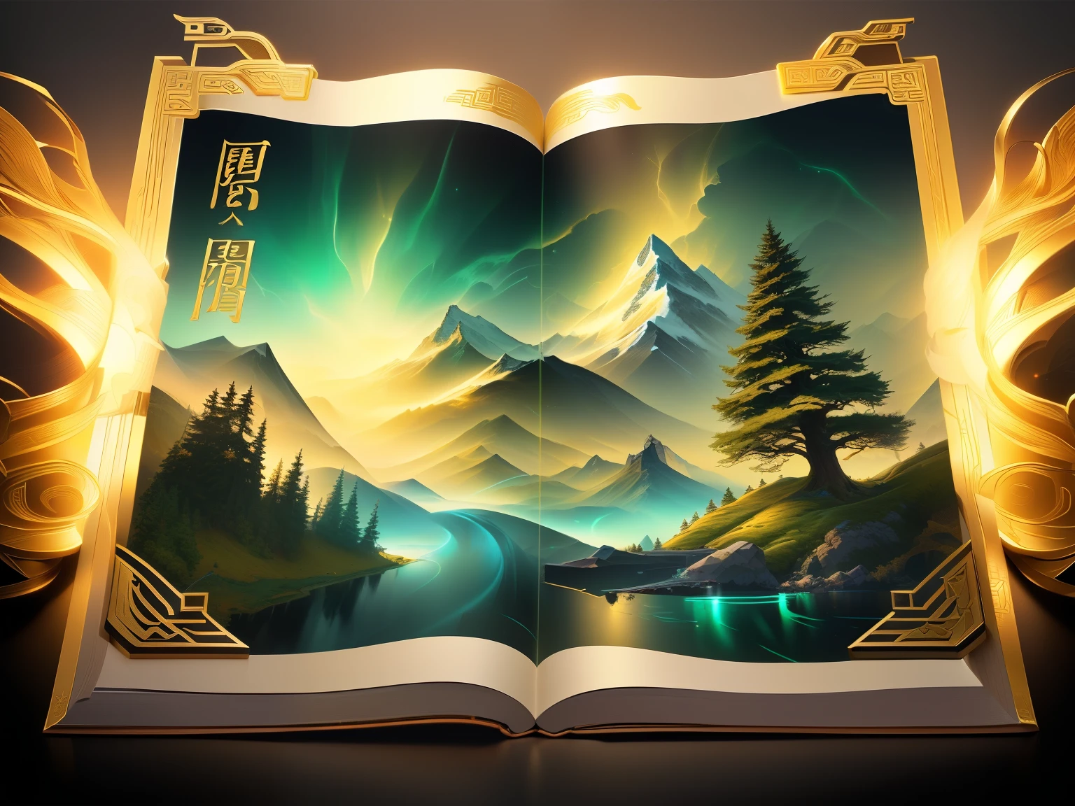 Rich details,tmasterpiece, 8K, An open magic scroll painting,The scroll depicts the scenery of great rivers and mountains,There is a small tree growing on the scroll,A dark green glowing golden spruce tree,Ancient Chinese Myths and Art,antique art,Background decorated with auspicious clouds and ribbons,Elegant and peaceful atmosphere,concept art illustration,Ink painting colors bloom,Light painting rendering,Xianxia large-scale game CG field