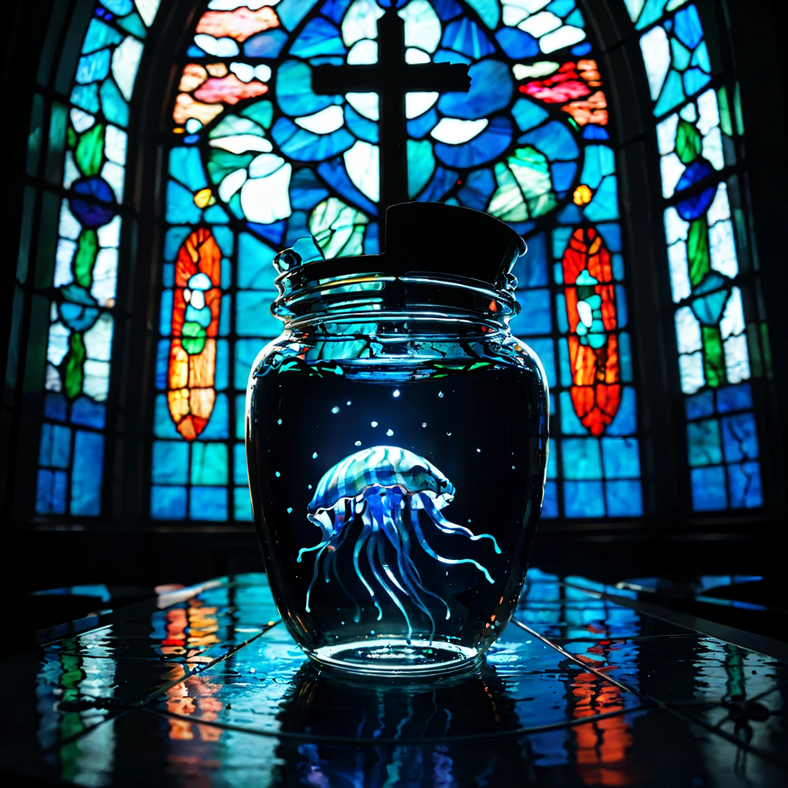 at night, solo, 1 tiny blue jellyfish in glass pot,in church, stained glass