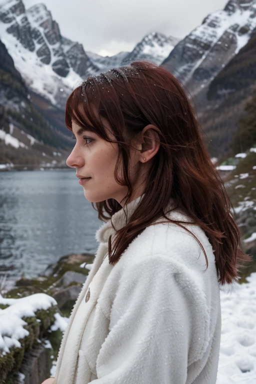 Deep photo, depth of field, ferrania p30 film, messy hair, perfect face, profile, mountains, fjord, grainy, snowy day, seductive smirk, harsh camera flash, red head, coat, looking at landscape
