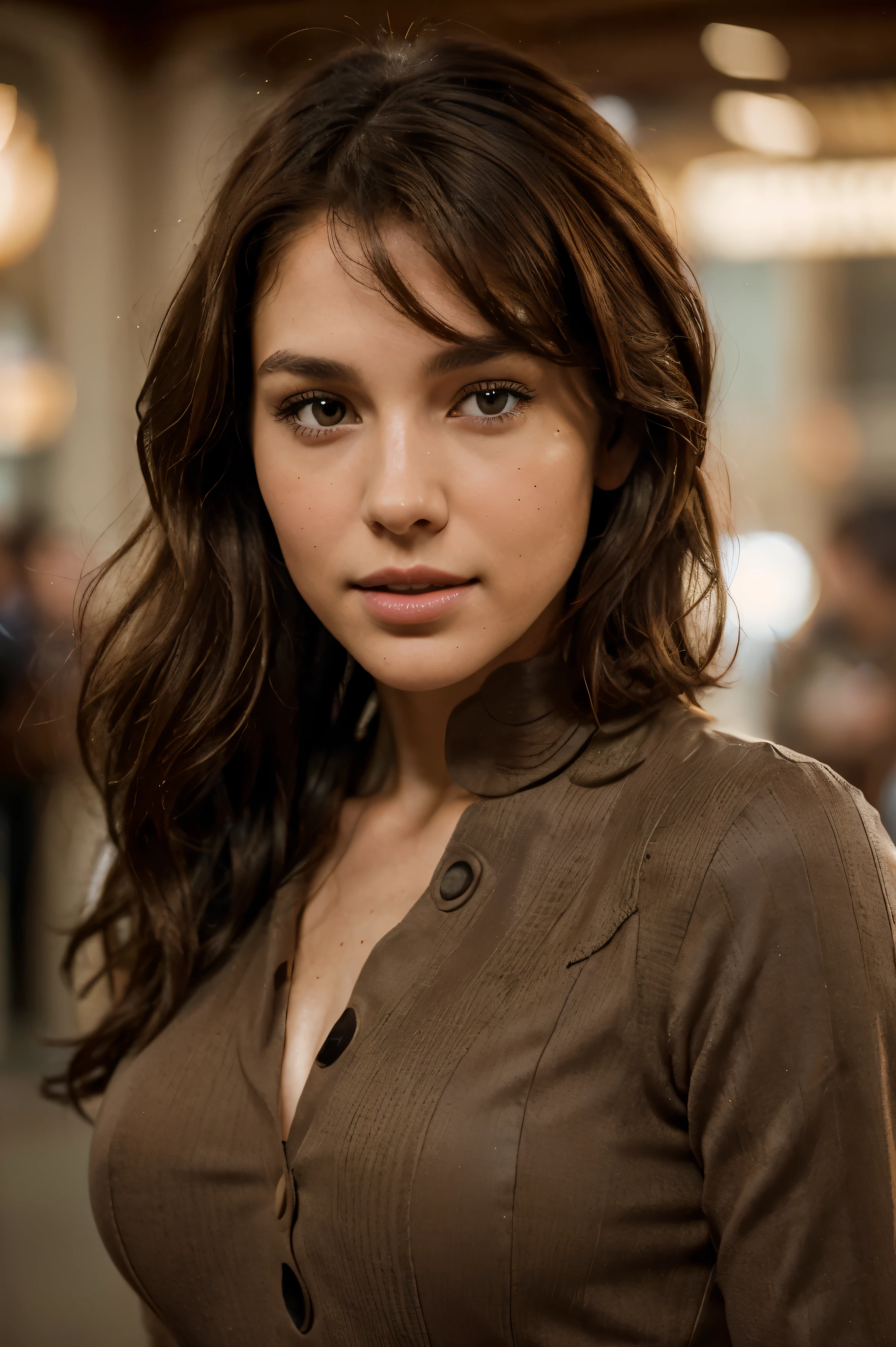 Breathtaking cinematic photo of a 30 year old girl with brown hair and brown eyes, happy, cheerful expression, closed mouth, beautiful lips, intricate details, shallow depth of field, highly detailed, high budget, epic Hollywood film, gorgeous, masterpiece, award-winning, professional, highly detailed, detailed skin texture, (blush: 0.5), (goosebumps: 0.5). (the most beautiful woman in the world) (brown hair) (short curly hair, wild hair, stylish cut) thin face, thin nose, beautiful, very beautiful, perfect face, slender body (slender), (brown hair) (brown eyes ) (white skin) Beautiful body, western face, predatory eyes, pink lips, thick thighs. full body, western beauty, thin nose, beautiful, perfect, ((best quality)), ((ultra resolution)), ((photorealistic: 1.4)), (intricate details), perfect face, makeup: 1.5 , clear face, facial details. front view ((uniform, tactical costume, agent costume, spy))