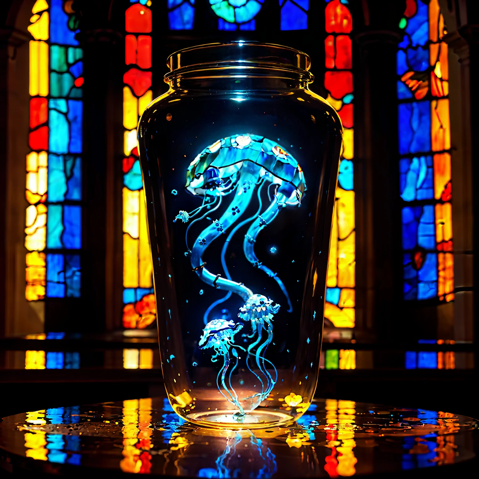 at night, solo, 1 tiny blue jellyfish in glass pot,in church, stained glass
