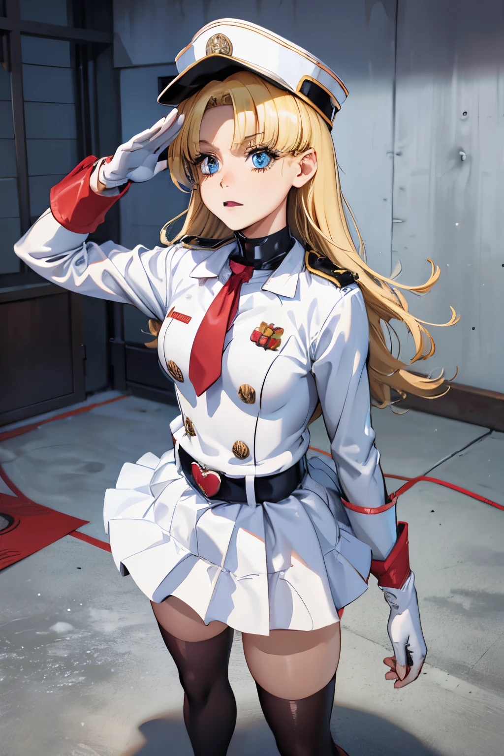 best quality, masterpiece, Highly detailed, illustration, absurdres, military form, White gloves, white jacket, white skirt, white military uniform, white uniform, white hat, belt, standing, girls, standing at attention, multiple girls, Team Squad, expressionless, blank eyes, l, emotionless, corrution, mind control, female combatant, full body, hypnotized, unhappy trance, perfect female body, extremely glossy latex, hypnosis, hypnoLora, empty eyes, Mind control device, thigh high, poses, submissive_pose, rubber bodysuit, nazi saluting, military, military saluting, salute, Bleach, Quincy, thighhighs, tight miniskirt, tie, Nadja, Tomorrow's Nadja, blue eyes, Blonde hair, dancing, lipstick, black lipstick, ballet