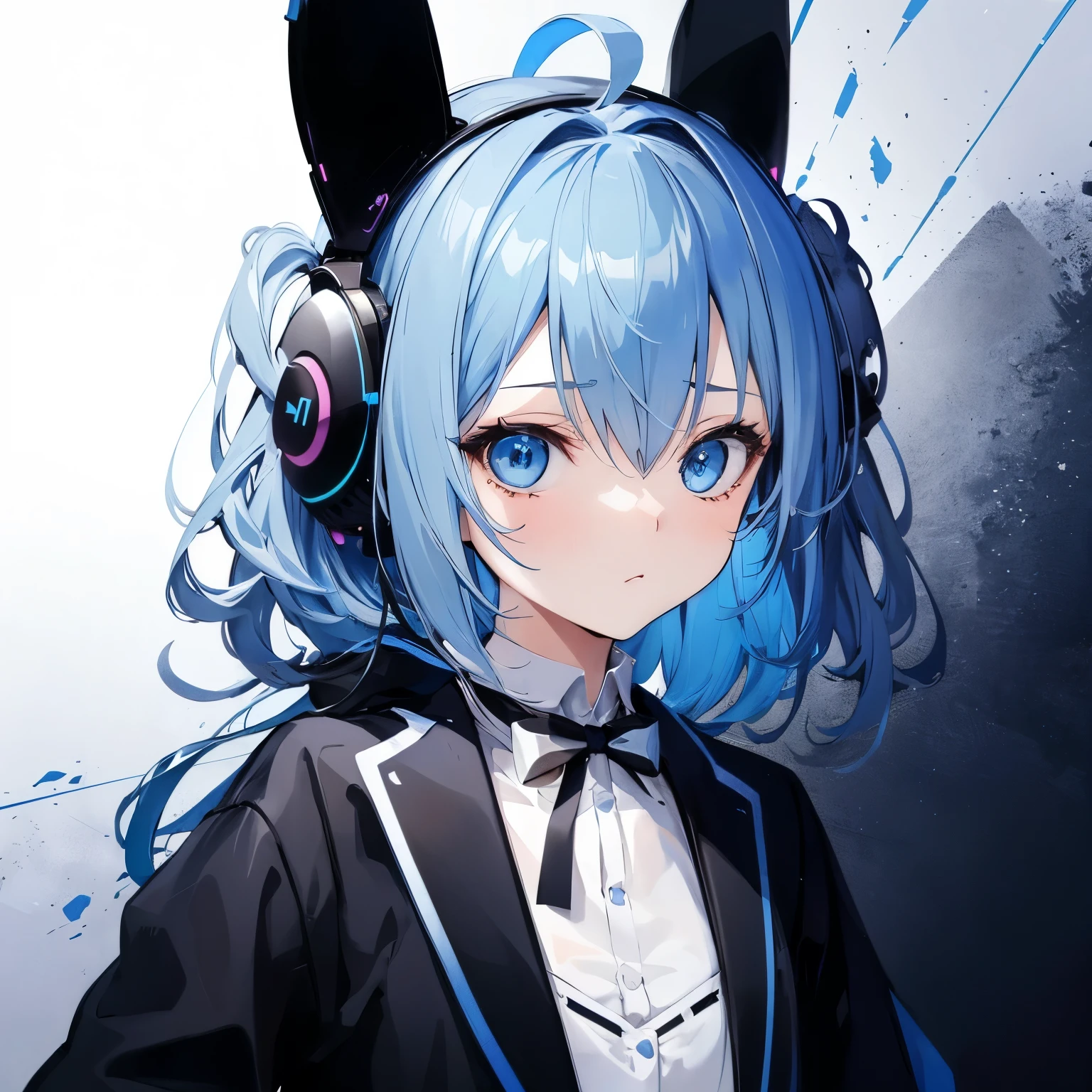 【Highest Quality, masutepiece】 [1 girl in,expressioness, blue hair ,Blue eyes,headphone,mechanical rabbit ears, ] (Gray white background:1.3),