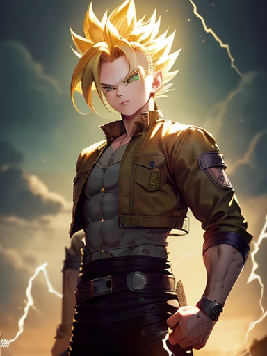 Highly detailed, (masterpiece), best quality, expressive eyes, perfect face, 1man, Spiked hair, long hair, Super_Saiyan_Trunks Green hair, green eyes, Bulky Body Builder Masculine body, Green leather Jacket & Jeans, Holding a Gigantic Battle Axe Spear Hammer, combat boots, full body, back view