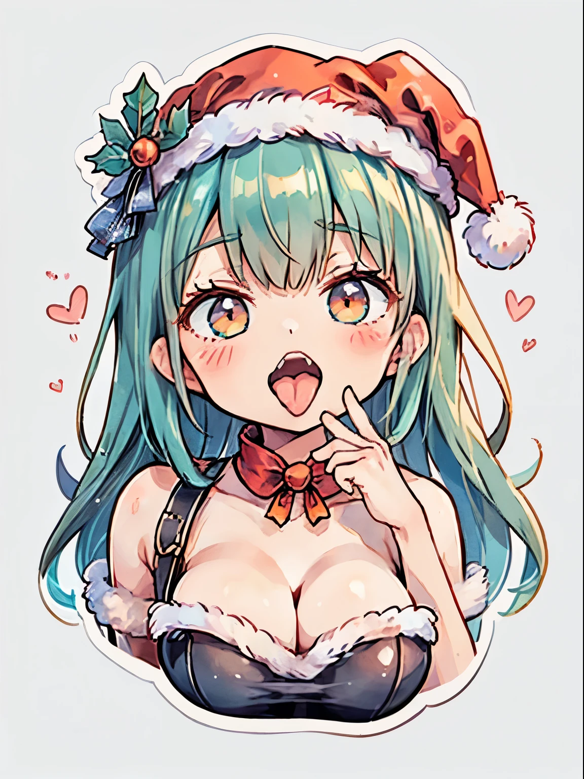 animesque、a sticker、顔と口メインのa sticker、Close-up of the mouth、1beautiful girl、Santa Claus Girl、17 age、(((I mainly draw the mouth、super close up of mouth、tongue、long tongue、sticking out the tongue、Show the inside of the mouth、Open your mouth wide and show me your throat)))、Santa's Hat、teak、lip stick、Colossal tits、cleavage of the breast、simple background、