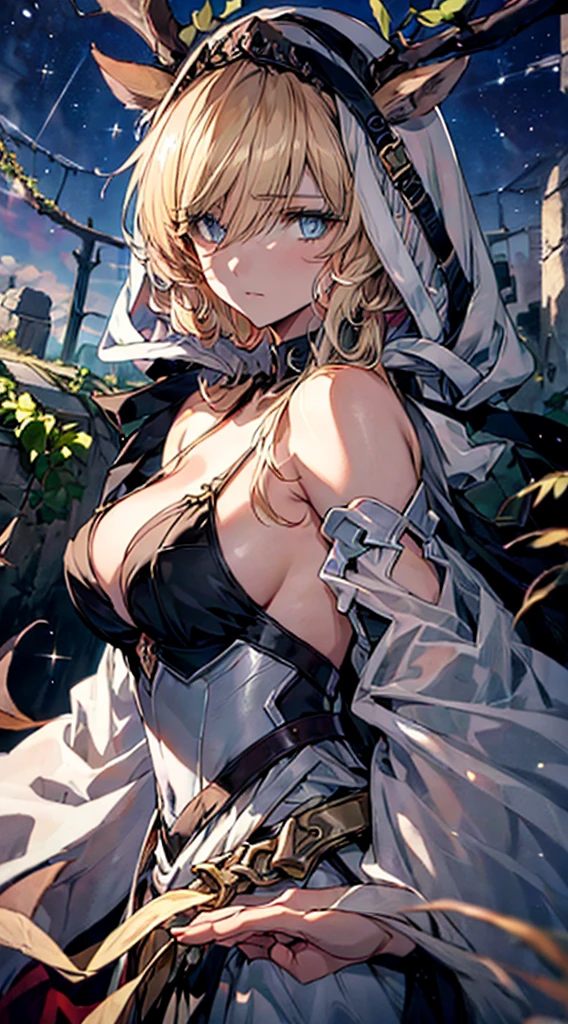 (((master piece))), (incredibly_most absurd quality), (A high resolution), (highly detailed), ((CG unit 8k wallpaper)), (cold colors), (Watercolors), (an extremely delicate and beautiful), (20s), ((domineering woman)),(delicate face), (beautiful detailed eyes), (Long_eyelashes), silver_hair, (small_breast enhancement), (shaggy hair), Long hair, hair between the eyes, (tiara on the head), (black evening dress), (bare shoulder), (Long sleeves), (sleeves past the wrists), (Golden decorations), elegant, ((melancholy)), (See the viewer) , upper body, focus on face, ((close up)), ((delicate beautiful sky with Cirrocumulus)), (dark sky), (Stars), (Cloudy), (Cirrocumulus), ((Stone ruins) )), ((Vines)), ((ivy)), (blue roses), (dense fog), (Detailed background), (dynamic angle), ((ray)), (ray tracing), Top light, (cinematic light), (light jump), (refined rendering), ((Tyndall Effect)), (depth of field)