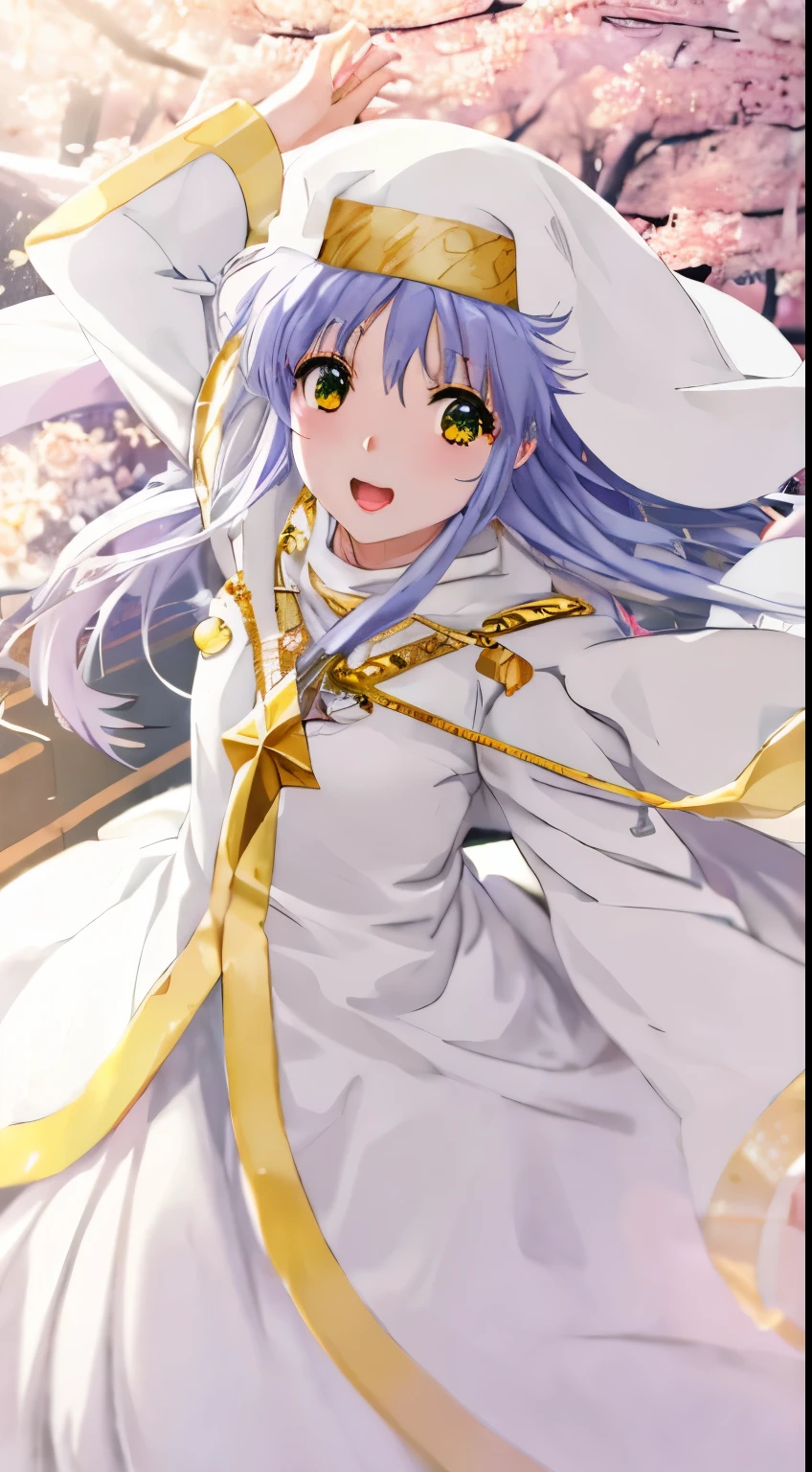 anime girl with a white dress and a gold hat, anime visual of a cute girl, soft anime illustration, ethereal anime, clannad, clean detailed anime art, anime moe artstyle, anime illustration, cute anime girl, light novel cover art, close up iwakura lain, detailed key anime art, anime artbook, smooth anime cg art，Anime female characters in the magic catalog，Index&#39;s white nun，Silver metallic luster long hair，White nun&#39;s robe with gold lace，White nun&#39;s headscarf with gold lace，Dancing among the forest flowers