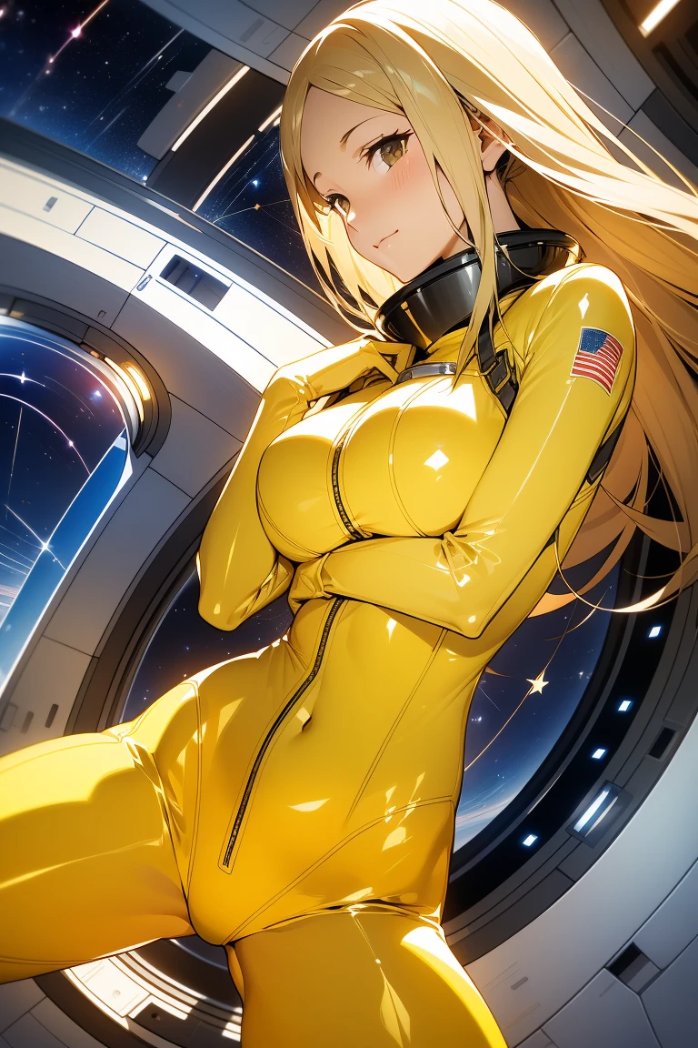 (masutepiece, Best Quality:1.2), (Cowboy Shot:1.1), Solo, 1girl in, mori yuki, slight smile, Closed mouth, Side view, Looking at Viewer, Blonde hair, Long hair, Thigh gap, Yellow bodysuit, skin-tight, Perfect body, Large window, (starship porthole:1.3), (Spread legs:1.3), (Standing:1.1), Thigh gap, Pose, from side view, Perfect hands, Bright spaceship interior, (outer space view:1.1), (orbital view:1.3), (Night, stary sky:1.5), Milky way,big breasts