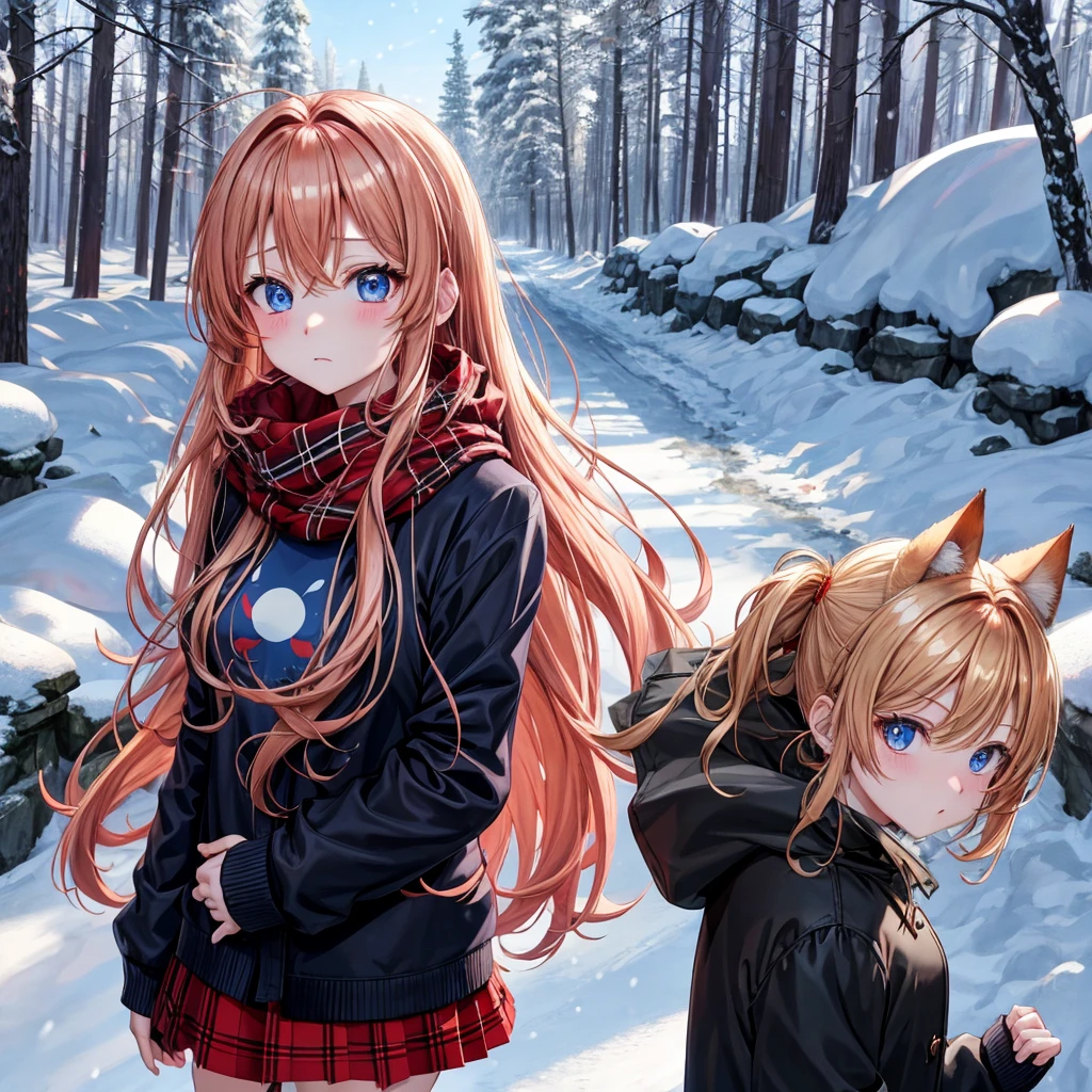 red blonde、blue eyess、one good looking girl、独奏、animesque、Plaid miniskirt、Black T-shirt、coat、the woods、Sunlight、Looks cold、Snow is piled up、kicking snow、Wearing a muffler、Gah、Rime、Frolicking