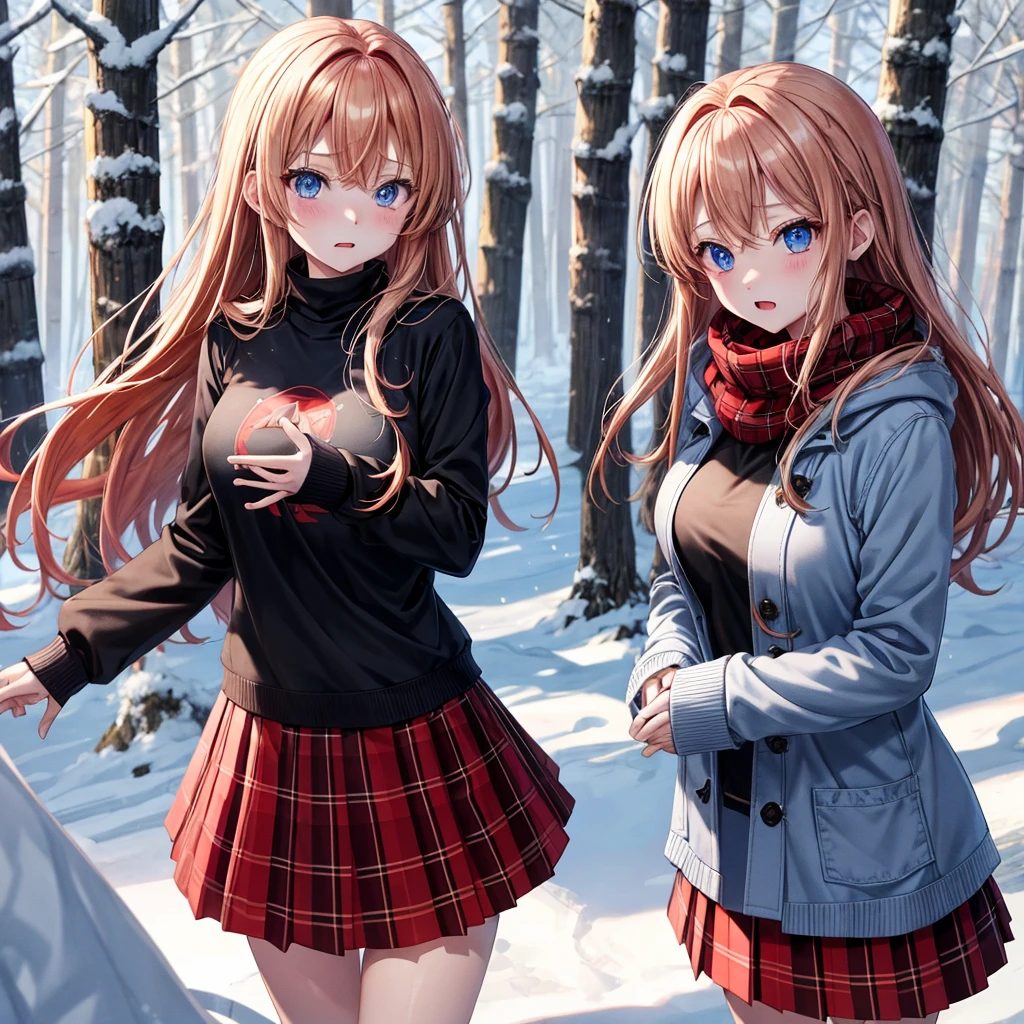 red blonde、blue eyess、one good looking girl、独奏、animesque、Plaid miniskirt、Black T-shirt、coat、the woods、Sunlight、Looks cold、Snow is piled up、kicking snow、Wearing a muffler、Gah、Rime、Frolicking