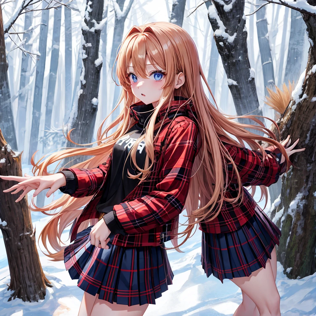 red blonde、blue eyess、one good looking girl、独奏、animesque、Plaid miniskirt、Black T-shirt、coat、the woods、Sunlight、Looks cold、Snow is piled up、kicking snow、Wearing a muffler、Gah、Rime、Frolicking