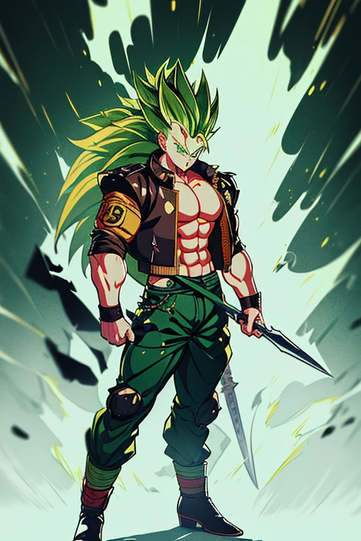 Highly detailed, (masterpiece), best quality, expressive eyes, perfect face, 1man, Spiked hair, long hair, Super_Saiyan_Trunks Green hair, green eyes, Bulky Body Builder Masculine body, Green leather Jacket & Jeans, Holding a Gigantic Battle Axe Spear Hammer, combat boots, full body, back view