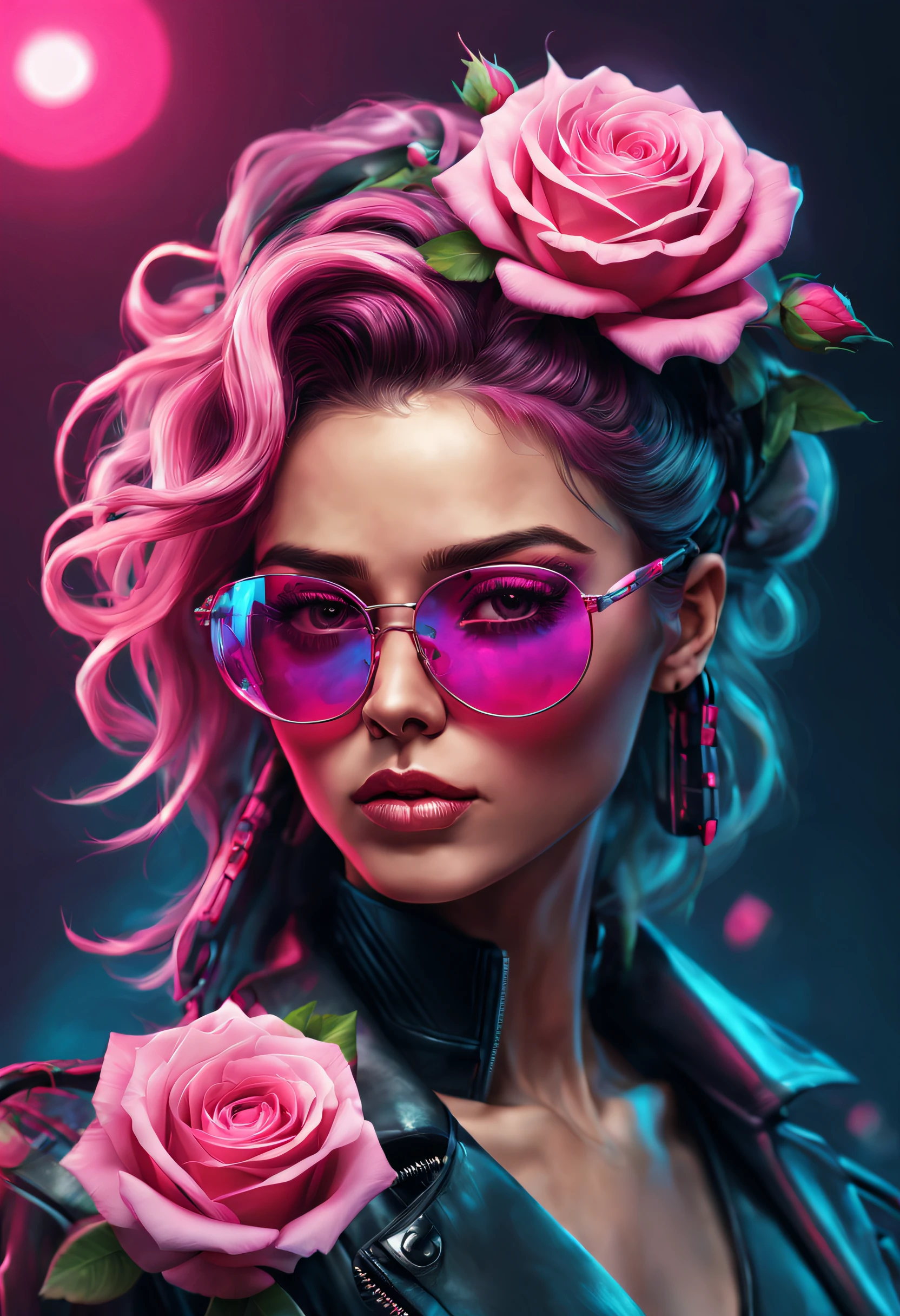 there is a woman with a flower in her hair and glasses, cyberpunk cyborg. roses, in style of digital painting, woman with rose tinted glasses, in style of digital illustration, style digital painting, in style of digital art, 80's airbrush aesthetic, retro pink synthwave style, stunning digital illustration, style in digital painting, glossy digital painting, cyberpunk flowerpunk