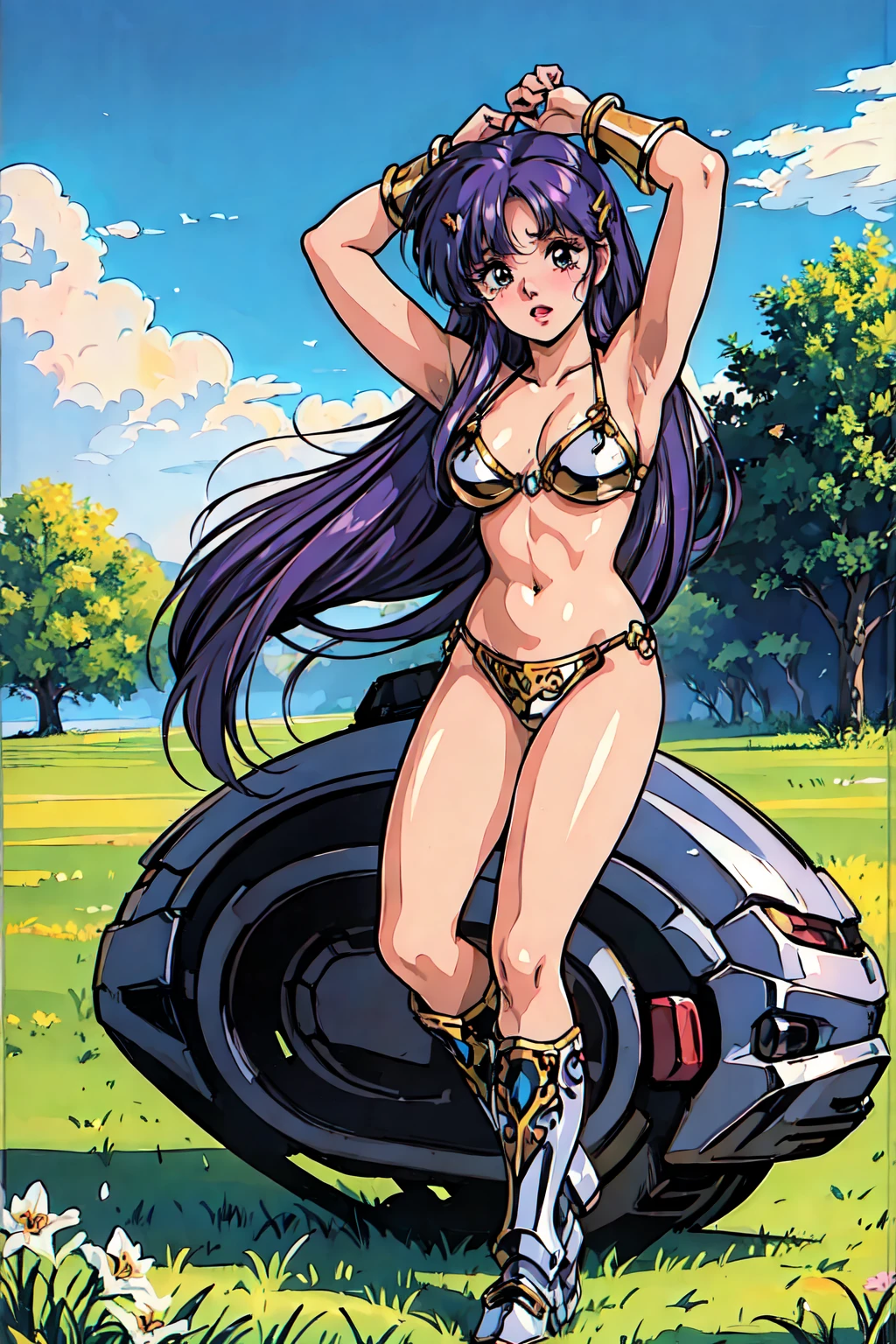 "(masterpiece:1.1), best quality,
1girl, (traditional media 80s:1.4), (eyelashes:1.5), (li:1.2),
(intricate high detailed body:1.2),
(purple hair:1.1), (forehead, parted bangs, hairclip:1.1), (long hair, straight hair:1.1), (crown:1.1),
brown eyes, (lip stick:1.2),
(curvy body:1.1), (medium breasts:1.1),
(shy:1.2), (blush:1.1), open mouth,
(bikini armor:1.2), (knight armor, armored boots:1.2),
(fur:1.1), (accessories:1.1), bracelet,
standing, (dynamic pose, action pose, arms up:1.2),
(upper body, cowboy shot, looking at viewer:1.1),
(daytime, grassland, outdoors:1.1)"