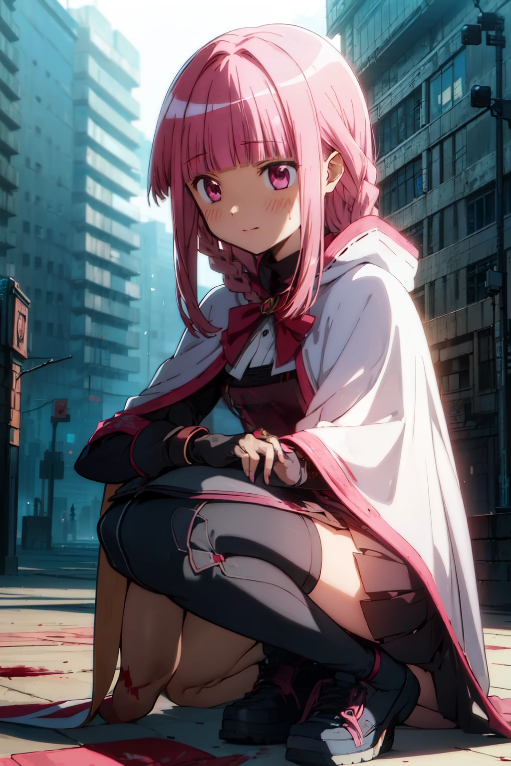 (1girl, solo), tamaki_iroha_puellamagimadokamagicasidestorymagiarecord, pink hair, (blunt bangs:1.5), (pink eyes:1.5), braid, sidelocks, long hair, (small breast:1.2), (white cloak, hooded cloak, bow,) looking at viewer, smile, blush, (blood, covered in blood, blood on arm, blood on face, blood on clothes, blood on hands, blood wet), jewelry, shoes, indoor, (masterpiece:1.2), best quality, high resolution, unity 8k wallpaper, (illustration:1.5), magical girl, anime style, anime coloring, (beautiful detailed eyes:1.6), extremely detailed face, perfect lighting, extremely detailed CG, (perfect hands, perfect anatomy), (dynamic pose, dynamic angle:1.1), (full body:1.2), (depth of field), quality focus, sharp focus, perfect composition, cyberpunk setting, ruined city in background, various colors, (details:1.2), colorful, scenery, intricate, caustics, extremely detailed background,