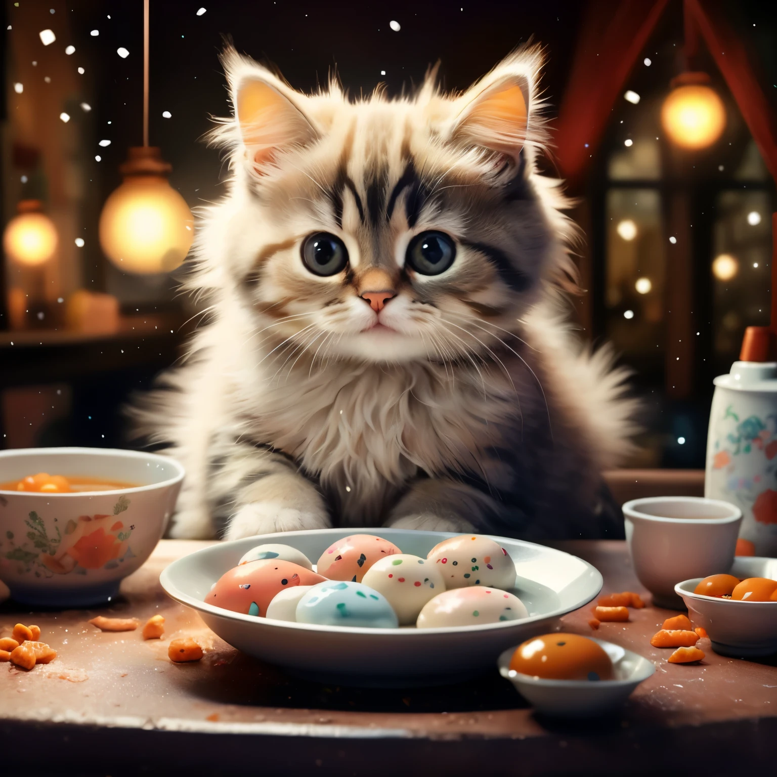 there is a cat sitting at a table with a bowl of (winter solstice)little rainbow colour dumplings, adorable digital painting, cute detailed digital art, cute digital art, cat. digital painting, cute cat, realistic illustration, ultrarealistic illustration, photorealistic illustration, cutie, cute cat photo, ultra realistic 3d illustration, ultra realistic illustration, cat eating, beautiful digital artwork, hyperrealistic illustration