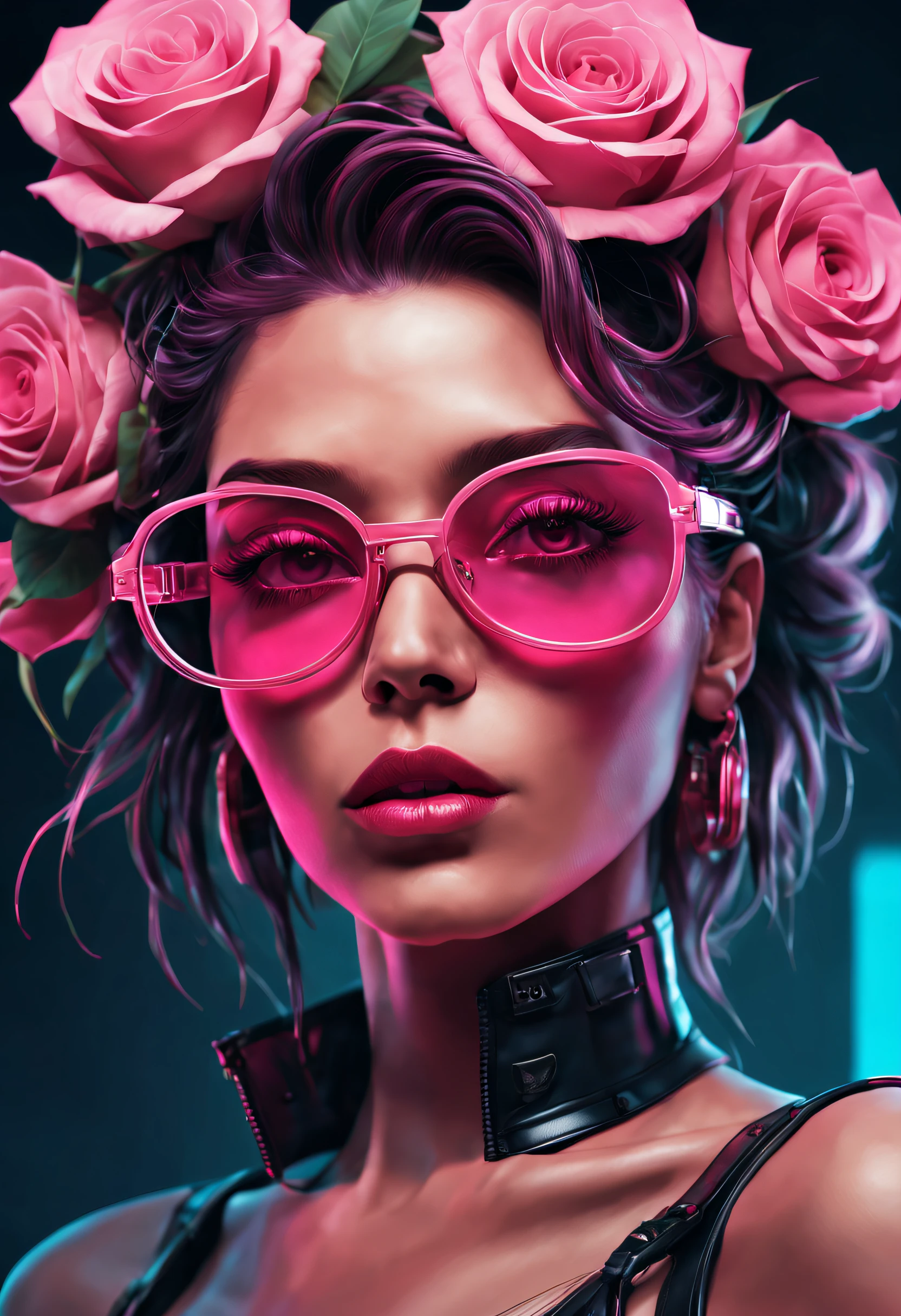 there is a woman with a flower in her hair and glasses, cyberpunk cyborg. roses, in style of digital painting, woman with rose tinted glasses, in style of digital illustration, style digital painting, in style of digital art, 80's airbrush aesthetic, retro pink synthwave style, stunning digital illustration, style in digital painting, glossy digital painting, cyberpunk flowerpunk