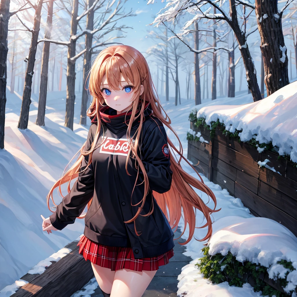red blonde、blue eyess、one good looking girl、独奏、animesque、Plaid miniskirt、Black T-shirt、coat、the woods、Sunlight、Looks cold、Snow is piled up、kicking snow、Wearing a muffler、Gah、Rime、Frolicking、Falling