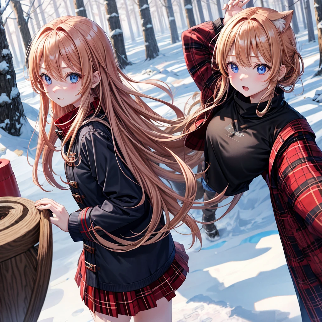red blonde、blue eyess、one good looking girl、独奏、animesque、Plaid miniskirt、Black T-shirt、coat、the woods、Sunlight、Looks cold、Snow is piled up、kicking snow、Wearing a muffler、Gah、Rime、Frolicking、Falling