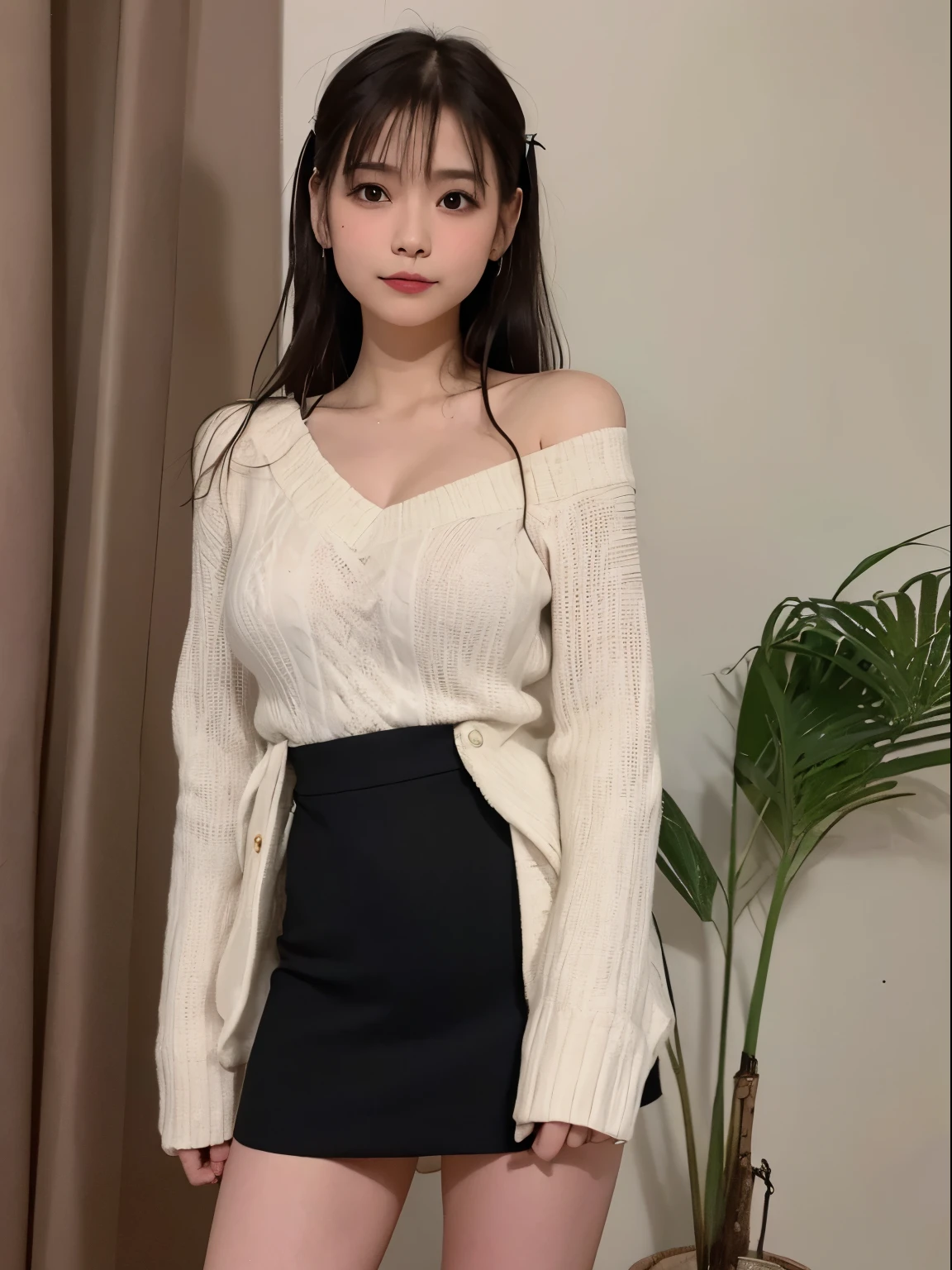 ((An ultra-high picture quality:1.2,ultra-quality:1.2,Photoreality:1.2,超A high resolution,Ultra-fine,独奏,No medical defects,Not medically excessive)),(Perfectly balanced body),Looking at the camera,Smile,blush,(Double bun),(light brown hair),(Very long hair),(V-neck sweater),Miniskater skirt,check,Hairpin,Hair Ribbon,kneehigh boots,Cowboy Shot,hand on the breasts