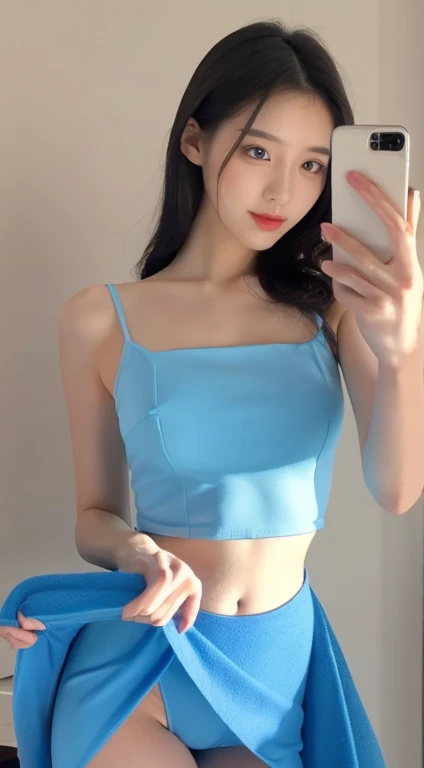 ((top-quality、8K、masterpiece:1.3)),araffe woman taking a selfie in a blue Dress, korean female fashion model, icey blue Dress, sky - blue Dress, feminine slim figure, Dress, light half opened Dress, skinny waist and thick hips, minimal bodycon feminine costume, wearing blue Dress, Gorgeous young Japan woman, tall thin beautiful goddess, Wearing tight clothes, pale-blue,(skirt rift)