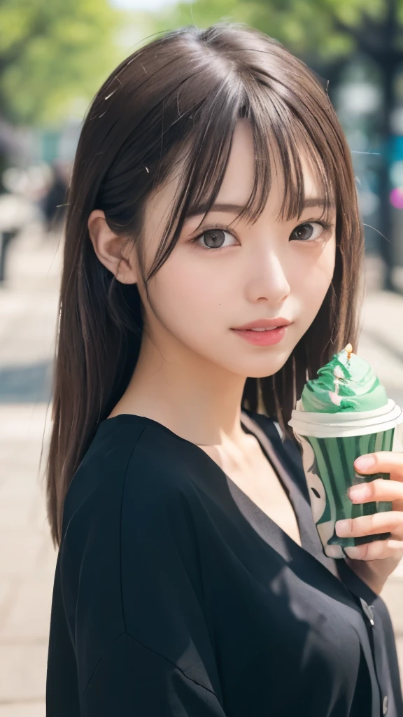 Smile、(((holding a frappuccino in one hand))), The background is a café terrace, natta、Raw photography、(((Ultimate Beauty Portrait)))、((glistning skin))、2 girls、Japanese 25 year old beautiful girl、bright expression、((brown haired))、elegant dressed、 ((Big eyes that shine like jewels))、open cardigan、Glossy glossy skin、(Medium Hair)、(Silky Ponytail Hair)、(is standing)、(frombelow)、Under the skirt、(frombelow下着の接写)、eye liner、Beautiful bangs、Hair between the eyes、((​masterpiece、最hightquality、ultra-detailliert、Film Light、intricate-detail、hight resolution、ighly detailed))、细致背景、8KUHD、Digital SLR、Soft light、hightquality、Film grain、FujifilmXT3 、Shallow depth of field、natural soft light、Kamimei、Lush bust