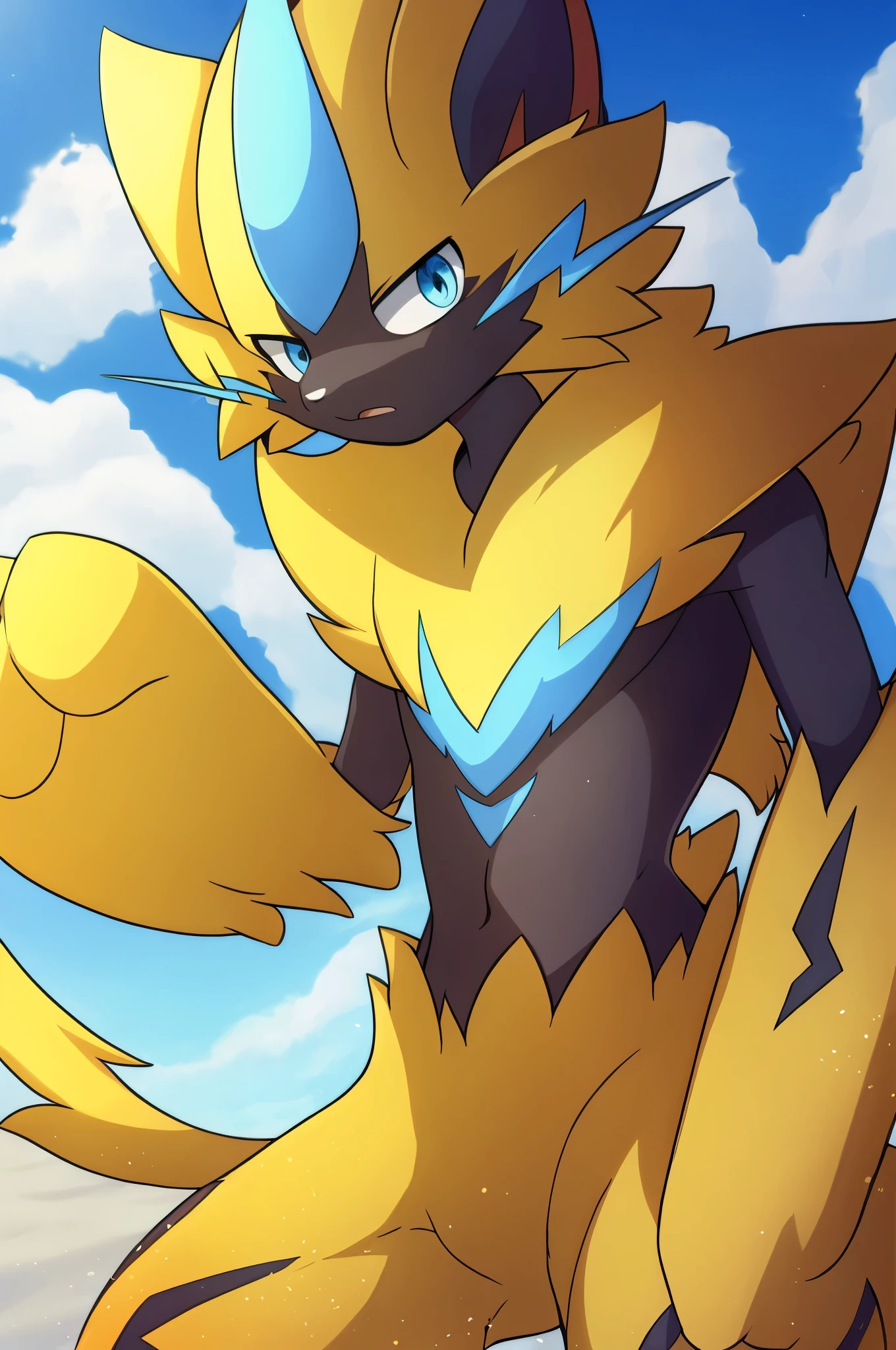 solo,masterpiece,high detail,best shadow,high - resolution,8K,high qulity,zeraora,blue eyes,standing,animation style,illustration