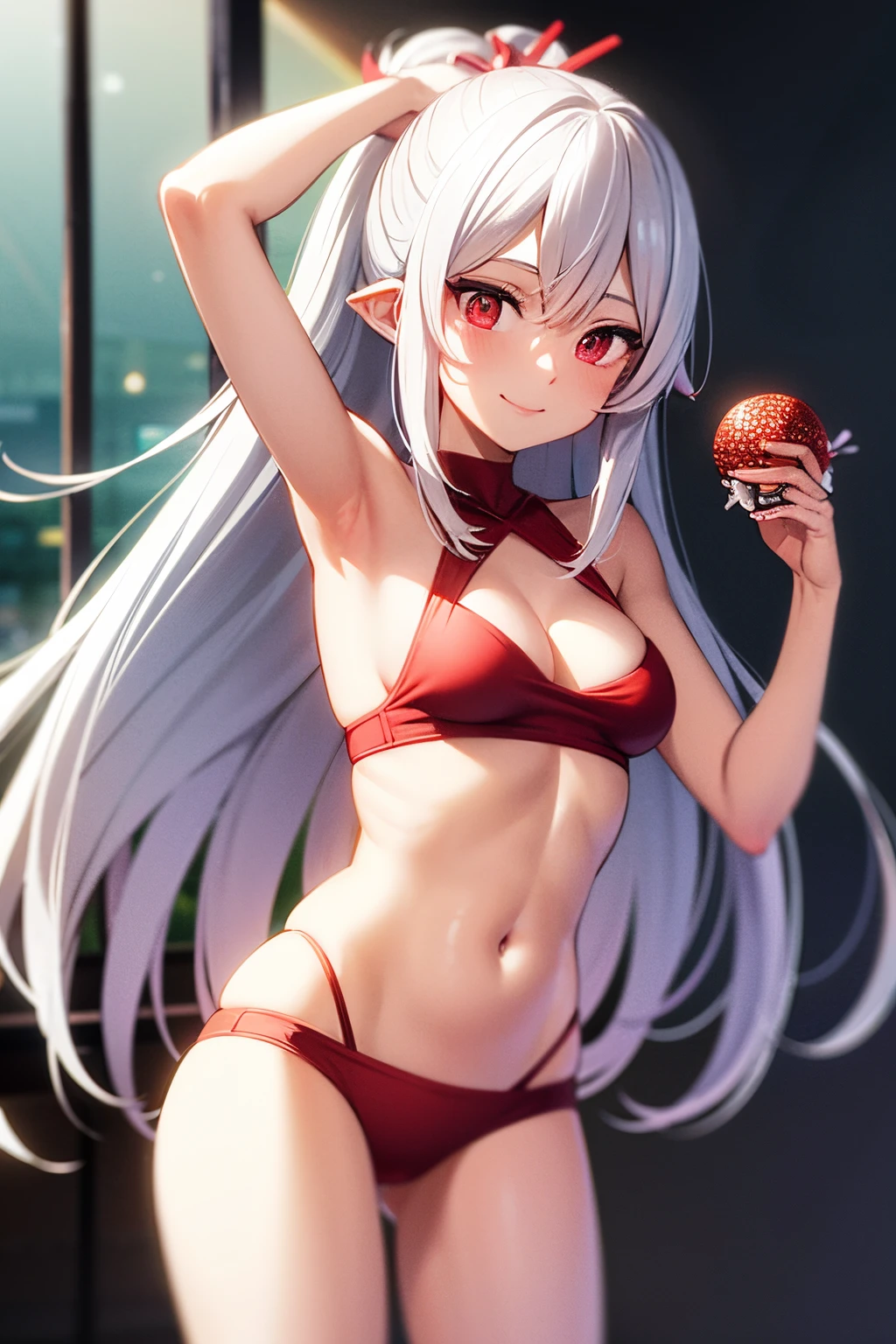 create an anime character, white hair, red eyes, long hair, wearing a Santa bra and pink underwear, with a smile, holding a underwear, flat oppai
