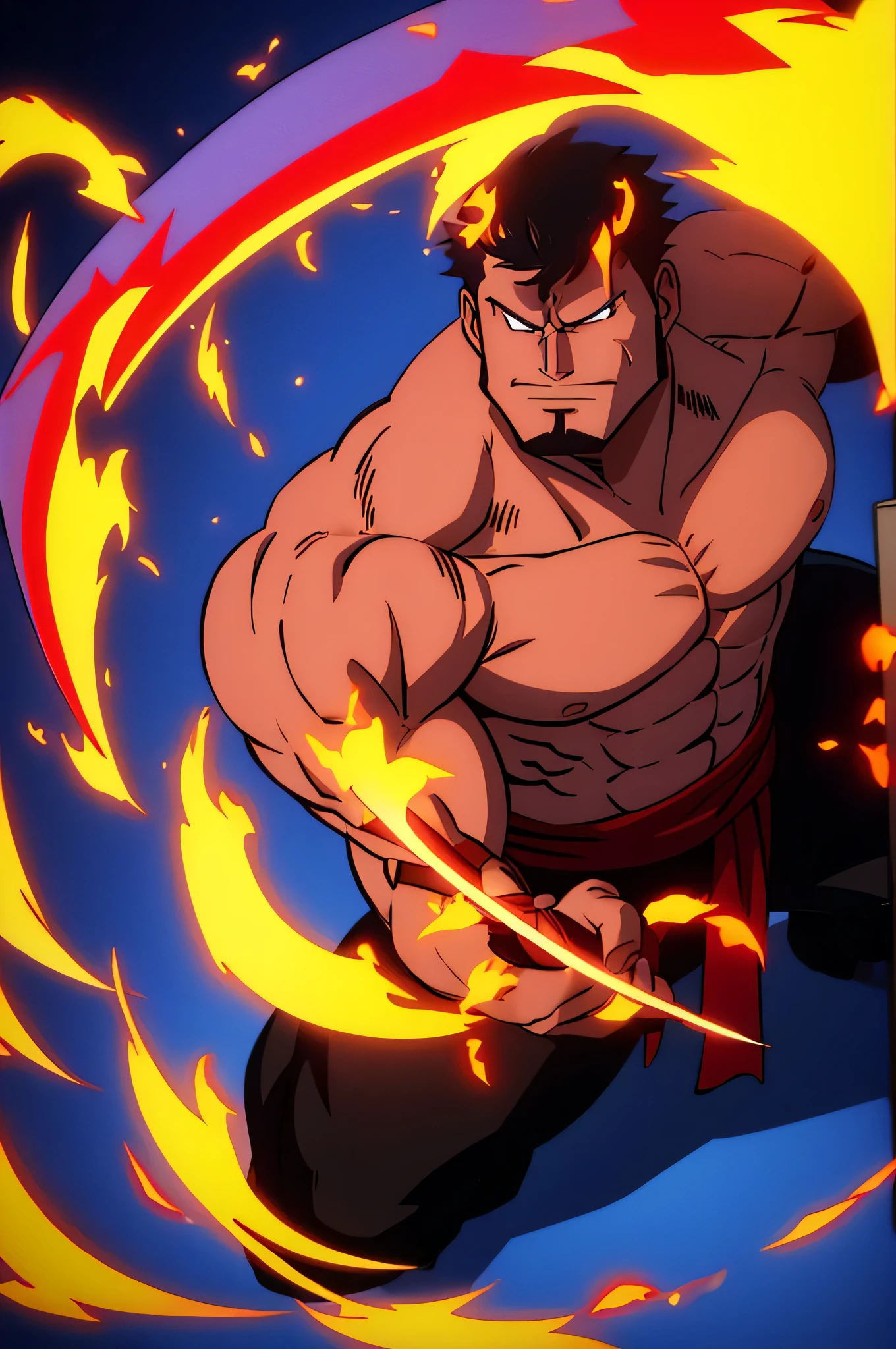 Muscular man with a sword, umgeben von Feuer