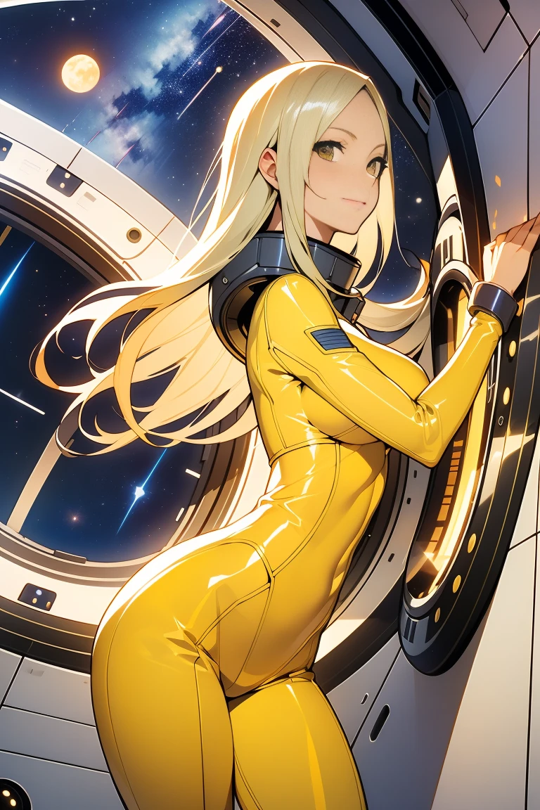 (masutepiece, Best Quality:1.2), (Cowboy Shot:1.1), Solo, 1girl in, mori yuki, slight smile, Closed mouth, Side view, Looking at Viewer, Blonde hair, Long hair, Thigh gap, Yellow bodysuit, skin-tight, Perfect body, Large window, (starship porthole:1.3), (Spread legs:1.3), (Standing:1.1), Thigh gap,  Pose, from side view, Perfect hands, Bright spaceship interior, (outer space view:1.1), (orbital view:1.3), (Night, stary sky:1.5), Milky way,big breasts