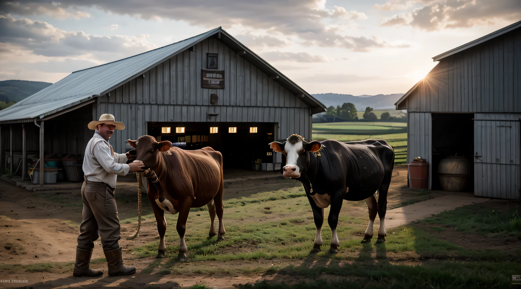 (best quality,4k,8k,highres,masterpiece:1.2),ultra-detailed,(realistic,photorealistic,photo-realistic:1.37),professional photograph,man milking a cow in a barn,award-winning image,ultra-realistic(milking,man,cow,barn),HDR,UHD,studio lighting,ultra-fine painting,sharp focus,physically-based rendering,extreme detail description,professional,vivid colors,bokeh,portrait,agriculture,farming,cattle,dairy,hardworking farmer,traditional method,milk bucket,smiling man,gentleman's appeal,golden backlight,peaceful atmosphere,warm color palette,dappled lighting effects,dusty atmosphere,farm-life,authentic composition