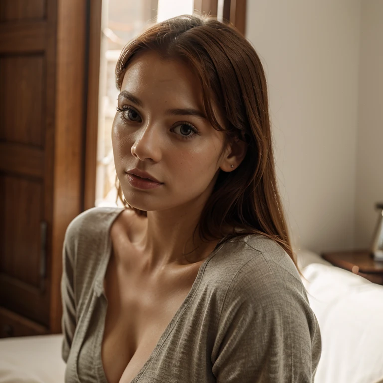 Crie uma foto realista de uma mulher ruiva com o mesmo rosto desta foto, usando um terno com decote, in a photo essay.
