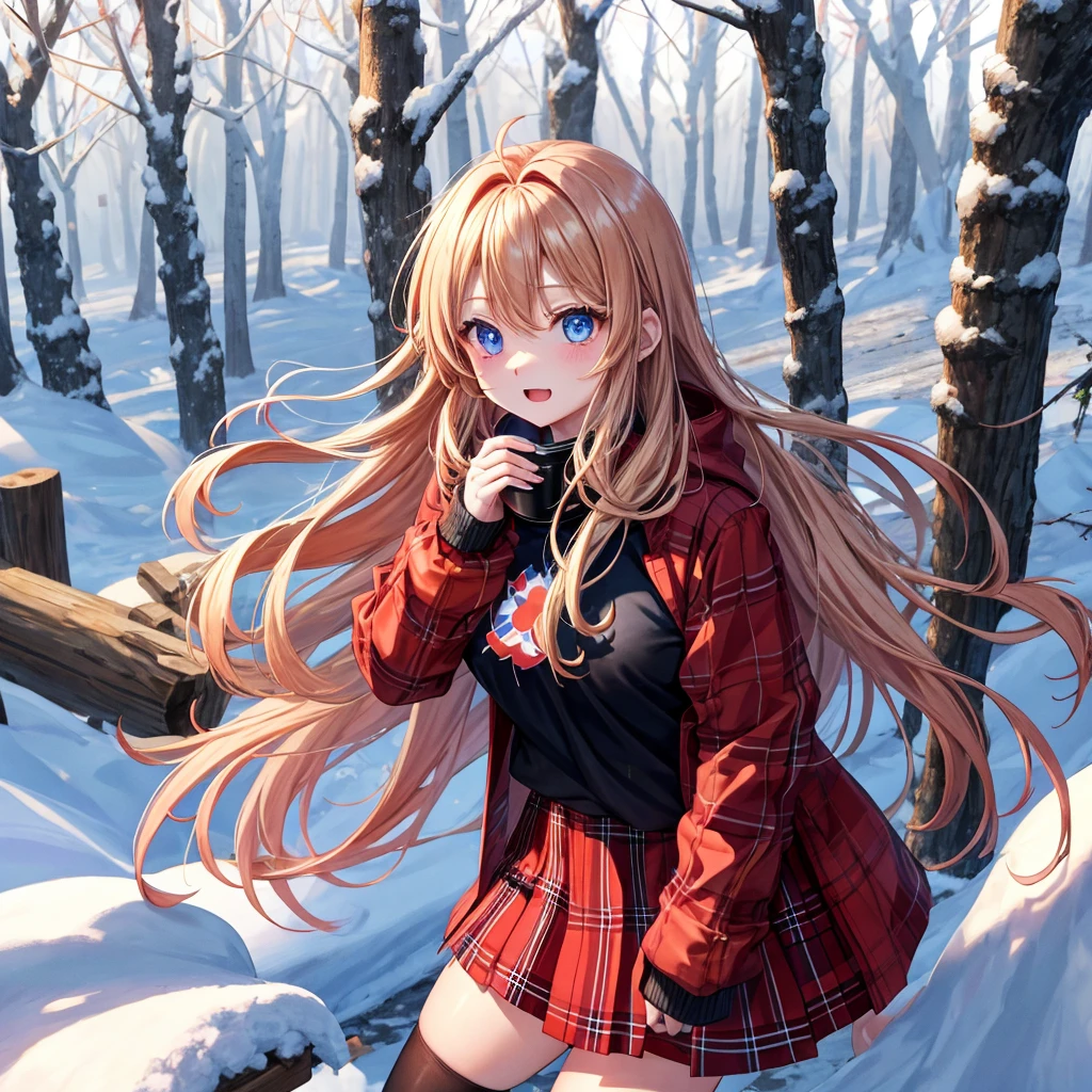 red blonde、blue eyess、one good looking girl、独奏、animesque、Plaid miniskirt、Black T-shirt、coat、the woods、Sunlight、Looks cold、Snow is piled up、kicking snow、Wearing a muffler、Gah、Rime、Frolicking