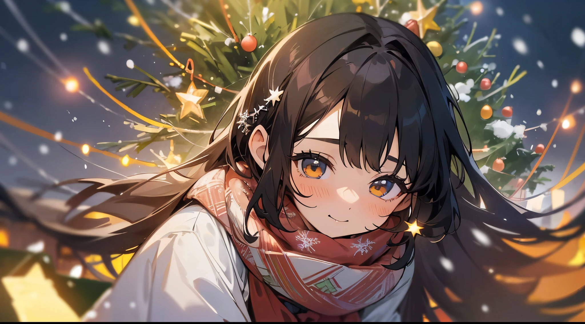 top-quality、Top image quality、masterpiece、girl with ((Sweaters_Dress,Winters_coat,Winters_scarf,、Beautiful brown eyes, Medium black hair、dye one's cheeks red、White breath、dye one's cheeks red、A slight smil、Shining eyes)), hiquality、Beautiful Art、Background with((City of bright nights:1.4、(Christmas Lights:1.5), (Big Christmas Tree:1.3)、(illuminations:1.5), (((Snow Town))) )),soft clean focus, Elegant,Active Angle,Dynamism Pose, pantomime art、expressive body language、silent storytelling、visual narratives、(Leaning forward:1.4)、(look at viewr:1.2)、Kamimei、From above