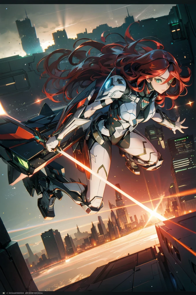 a girl flying over a futuristic city, (flying: 1.4), (futuristic city: 1.4), (thick body: 1.4), (long red hair: 1.4), green eyes, HDR (high dynamic range), Ray Tracing, NVIDIA RTX, Super-Resolution, Unreal 5, subsurface scattering, PBR texturing, post-processing, anisotropic filtering, depth of field, maximum clarity and sharpness, multilayer textures, albedo and specular maps, surface shading, accurate simulation of light-material interaction , Octane Render, Two-Tone Lighting, Low ISO, White Balance, Rule of Thirds, Wide Aperture, 8K RAW, Efficient Sub-Pixel, Sub-Pixel Convolution, (Luminescent Particles:1.4), {{Masterpiece, Best Quality , Extremely Detailed CG, Unity 8k Wallpaper, 3D, Cinematic Lighting, Lens Flare}},
