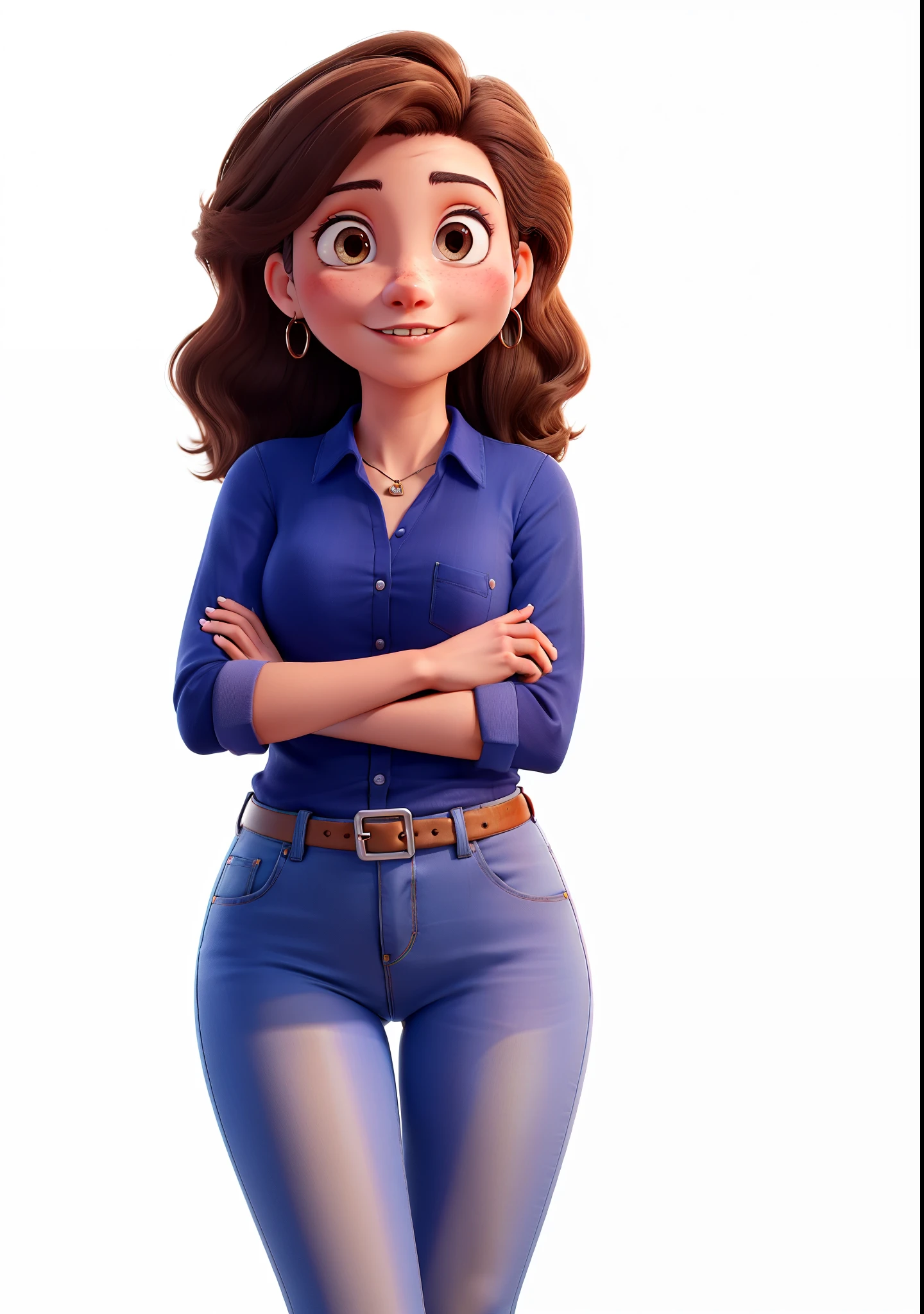 A photo of Aurora Arruda, A young and successful Brazilian businesswoman, She is a young woman, around 28 years old, with white skin, straight, long, brown hair that reaches her shoulders, wearing a blue dress shirt and pants jeans, Looking at the camera.