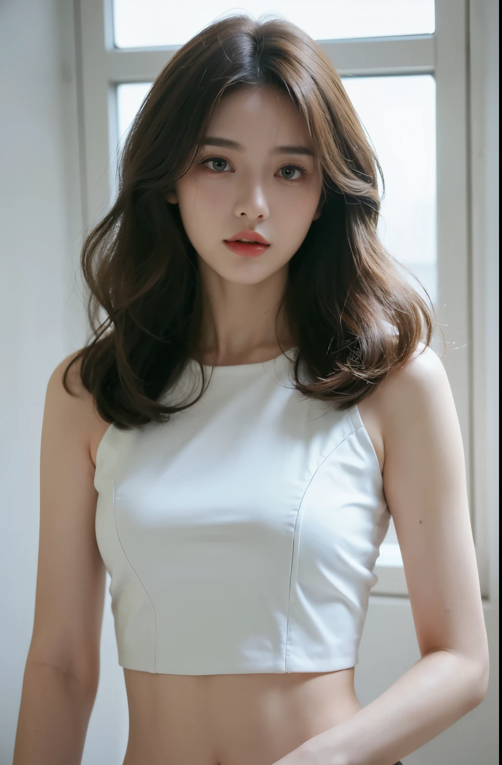 ((top-quality、8K、masuter piece:1.3))、1 female、Beautiful girl emphasizing slender abs:1.3、(Hairstyle Random、:1.2)、Plain clothe:1.2、in a house、hyperdetailed face、A detailed eye、Medium Hair、Curly hair、frontage