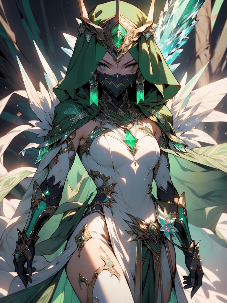 ((best quality)), ((master piece)), (circumstance: 1.4), (Absurd), Persian warrior, ((action pose)), (((Muslim woman wearing long emerald green dress with crystal embellishments, covered face))), (((burqa))), (((back))), very cold and, Ready for war, dark skin, dark-skinned Middle Eastern woman, well-defined sculptural body, closed mouth, body covered by a Hoyoverse style technological dress, Honkai Impact, Geishin Impast, technological veil covering the face, Veil covering the head, full body covered by clothes, holding two scimitars, ((small breasts)), (Eyes with heavy makeup)