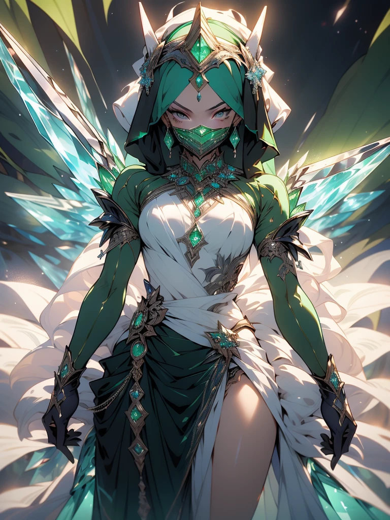 ((best quality)), ((master piece)), (circumstance: 1.4), (Absurd), Persian warrior, ((action pose)), (((Muslim woman wearing long emerald green dress with crystal embellishments, covered face))), (((burqa))), (((back))), very cold and, Ready for war, dark skin, dark-skinned Middle Eastern woman, well-defined sculptural body, closed mouth, body covered by a Hoyoverse style technological dress, Honkai Impact, Geishin Impast, technological veil covering the face, Veil covering the head, full body covered by clothes, holding two scimitars, ((small breasts)), (Eyes with heavy makeup)