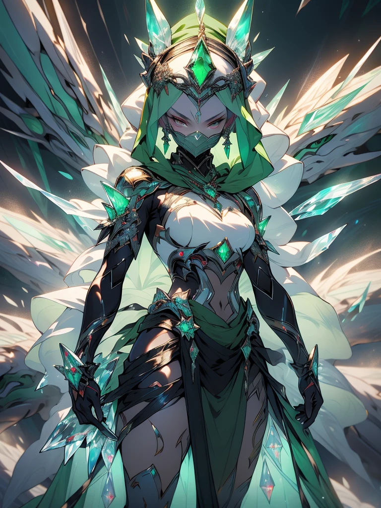 ((best quality)), ((master piece)), (circumstance: 1.4), (Absurd), Persian warrior, ((action pose)), (((Muslim woman wearing long emerald green dress with crystal embellishments, covered face))), (((burqa))), (((back))), very cold and, Ready for war, dark skin, dark-skinned Middle Eastern woman, well-defined sculptural body, closed mouth, body covered by a Hoyoverse style technological dress, Honkai Impact, Geishin Impast, technological veil covering the face, Veil covering the head, full body covered by clothes, holding two scimitars, ((small breasts)), (Eyes with heavy makeup)