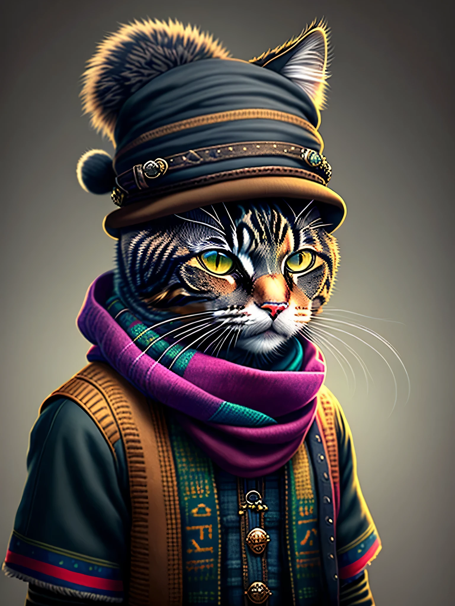 picture of a cat in a hat and scarf, art station trend, dressed in punk clothes, hyper realistic detailed rendering, british gang member,  style of, intimidating pose, planet of cats, trendy clothes,  samurai, meow, west slavic traits, 8 1 5