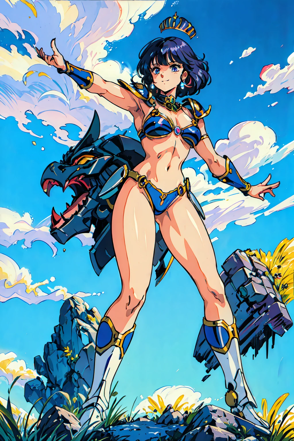 "(masterpiece:1.1), best quality,
1girl, (traditional media 80s:1.4), (eyelashes:1.5), (li:1.2),
(intricate high detailed body:1.2),
(black hair:1.1), (blunt bangs:1.1), (short hair, wavy hair:1.1), (crown:1.1),
purple eyes,
(muscular body:1.1), (gigantic breasts:1.3),
(light smile:1.2),
(bikini armor:1.2), (knight armor, armored boots:1.2),
(jewelry:1.1), gauntlets,
standing, (dynamic pose, action pose, leaning forward:1.2),
(upper body, cowboy shot, looking at viewer:1.1),
(daytime, grassland, outdoors:1.1)"