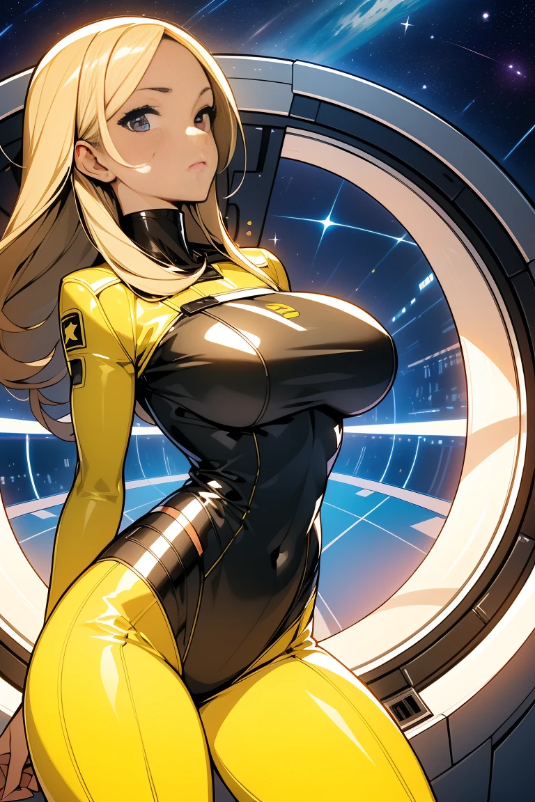 (masutepiece, Best Quality:1.2), (Cowboy Shot:1.1), Solo, 1girl in, mori yuki, slight smile, Closed mouth, Side view, Looking at Viewer, Blonde hair, Long hair, Thigh gap, Yellow bodysuit, skin-tight, Perfect body, Large window, (starship porthole:1.3), (Spread legs:1.3), (Standing:1.1), Thigh gap, Pose, from side view, Perfect hands, Bright spaceship interior, (outer space view:1.1), (orbital view:1.3), (Night, stary sky:1.5), Milky way,(Big breasts:1.5)