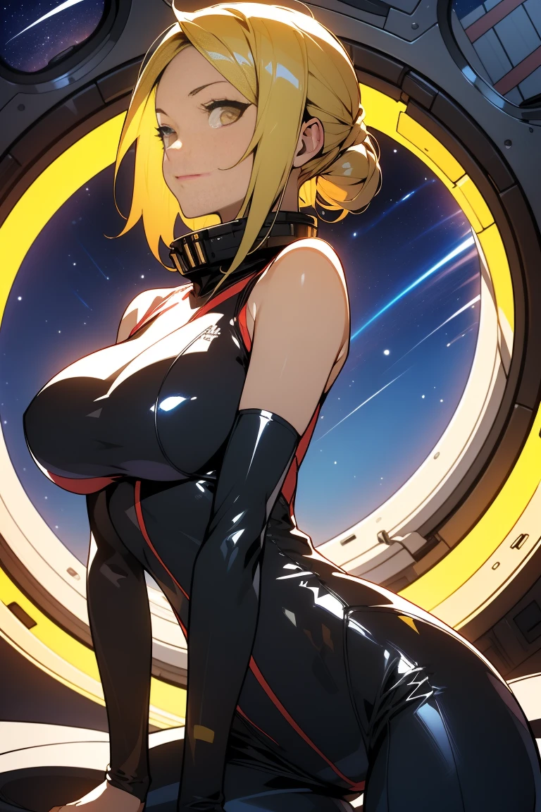 (masutepiece, Best Quality:1.2), (Cowboy Shot:1.1), Solo, 1girl in, mori yuki, slight smile, Closed mouth, Side view, Looking at Viewer, Blonde hair, Long hair, Thigh gap, Yellow bodysuit, skin-tight, Perfect body, Large window, (starship porthole:1.3), (Spread legs:1.3), (Standing:1.1), Thigh gap, Pose, from side view, Perfect hands, Bright spaceship interior, (outer space view:1.1), (orbital view:1.3), (Night, stary sky:1.5), Milky way,(Big breasts:1.5)