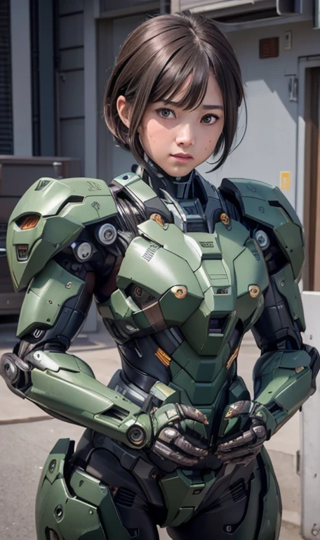Textured skin, Super Detail, high details, High quality, Best Quality, hight resolution, 1080p, hard disk, Beautiful,(War Machine),beautiful cyborg woman,Dark Green Mecha Cyborg Girl,Battle Mode,Girl with a Mecha Body,She wears a futuristic war machine weapon mech、Very Shorthair、sweaty brown eyes、Sweaty face、Facial expressions Open your mouth Moist eyes Elementary school girls cute little