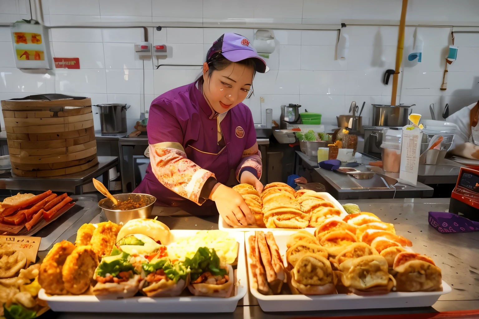 There is a woman sandwich in the kitchen, sichuan, Tasty, with street food stalls, The complete theme is shown in the figure, nanquan, china idol, beijing, sha xi, 188216907, food stall, food stylist, shenzhen, 1786560639, The photo shows a large, hamburgers